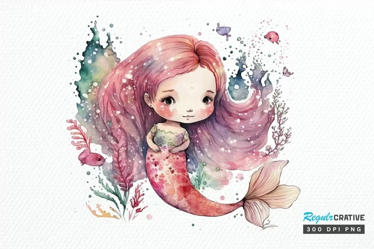Watercolor Cute Pink Mermaid PNG Clipart