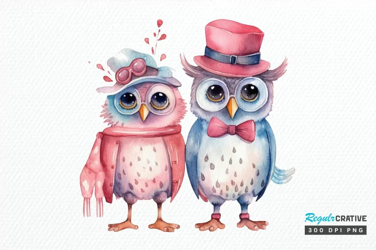 Watercolor Cute Couple Owl PNG Clipart