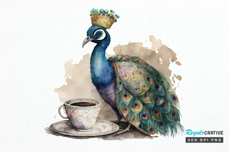 Watercolor Cute Indian Peafowl with a Cup PNG Clipart