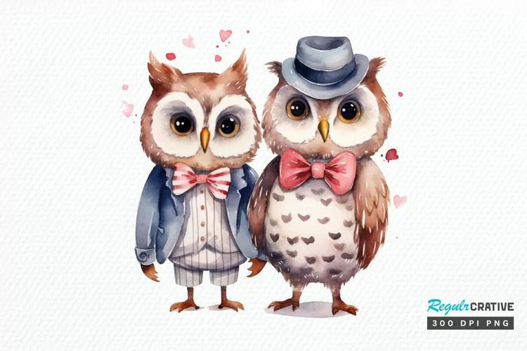 Watercolor Cute Couple Owl PNG Clipart