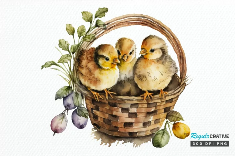Watercolor Chicks in a Basket PNG Clipart