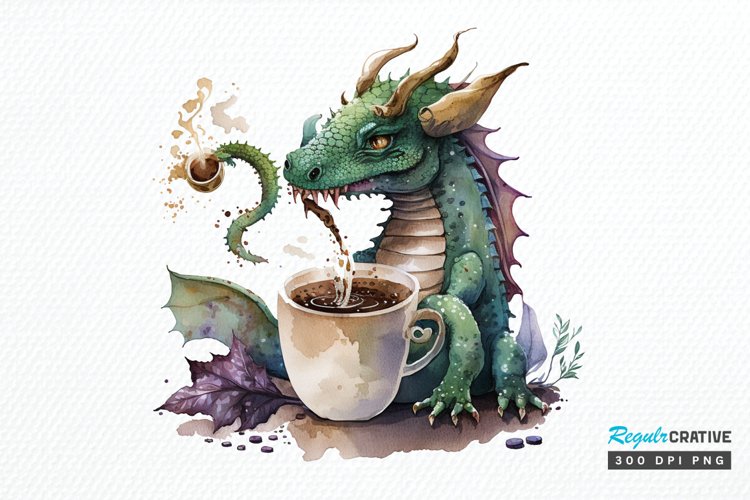 Watercolor Cute Dragon Drinking Coffee PNG Clipart example image 1