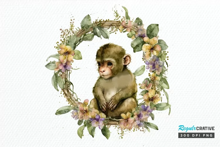 Watercolor Baby Monkey Flower Wreath PNG Clipart