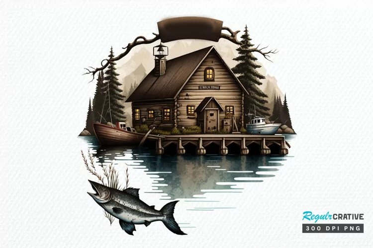 Watercolor Fishing Lodge PNG Clipart