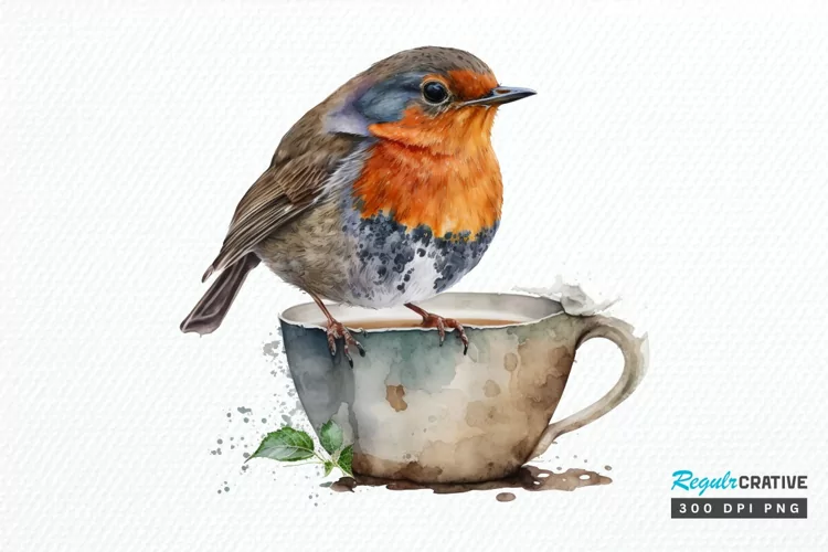 Watercolor Cute European Robin with a Cup PNG Clipart
