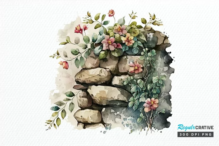 Watercolor Floral Stone Wall PNG Clipart
