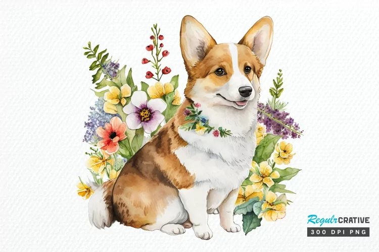 Watercolor Cute Corgi and Flowers PNG Clipart