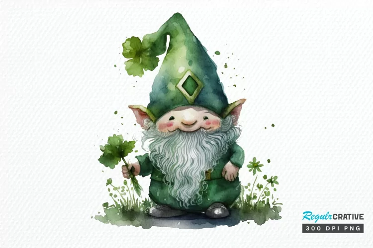 Watercolor St. Patricks Happy Green Gnome PNG Clipart