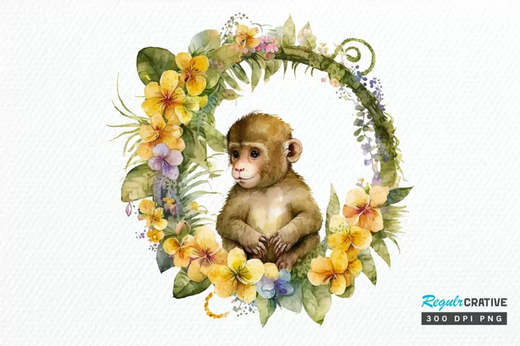 Watercolor Baby Monkey Flower Wreath PNG Clipart
