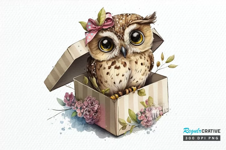 Watercolor Cute Owl Girl in Gift Box PNG Clipart