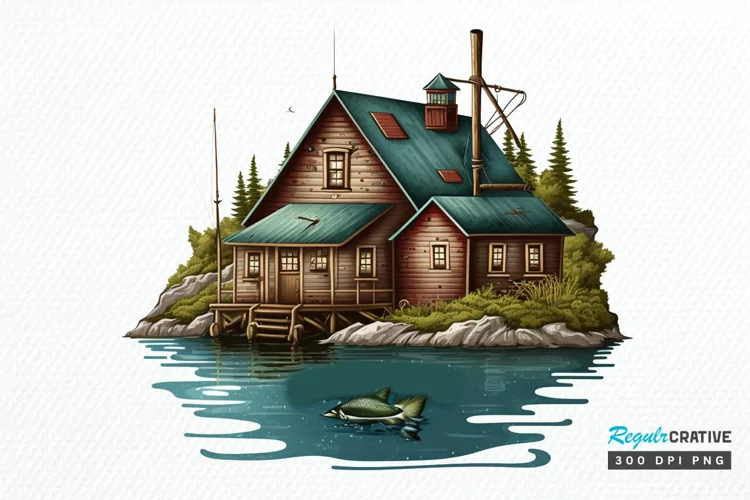 Watercolor Fishing Lodge PNG Clipart