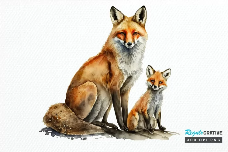 Watercolor Mom and Baby Fox PNG Clipart