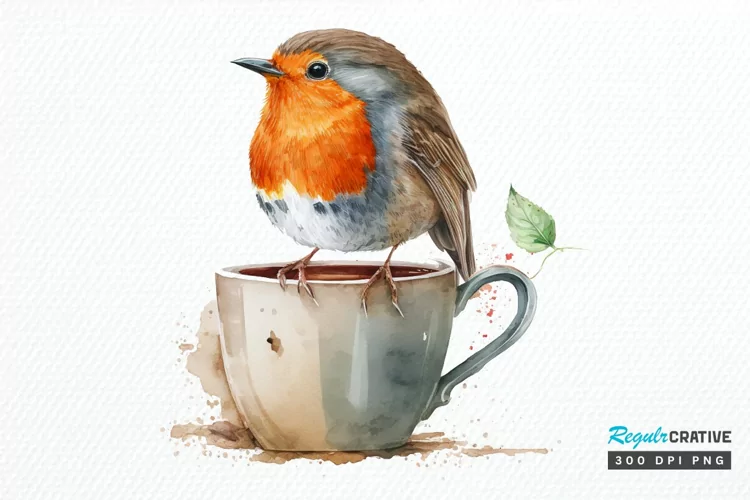 Watercolor Cute European Robin with a Cup PNG Clipart