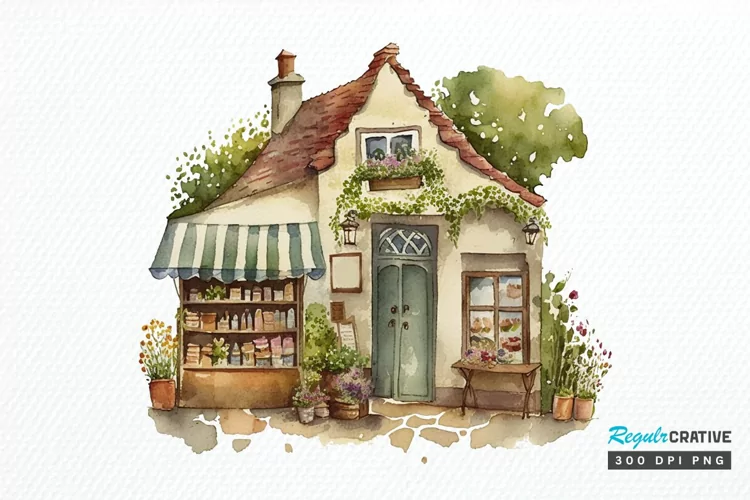 Watercolor Whimsical Village Shop PNG Clipart