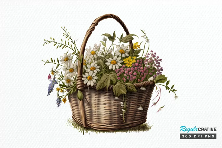 Basket of Wildflowers PNG Clipart