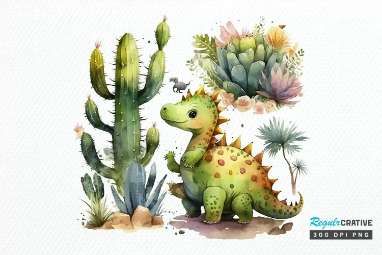 Watercolor Cute Dinosaur and Cactus PNG Clipart