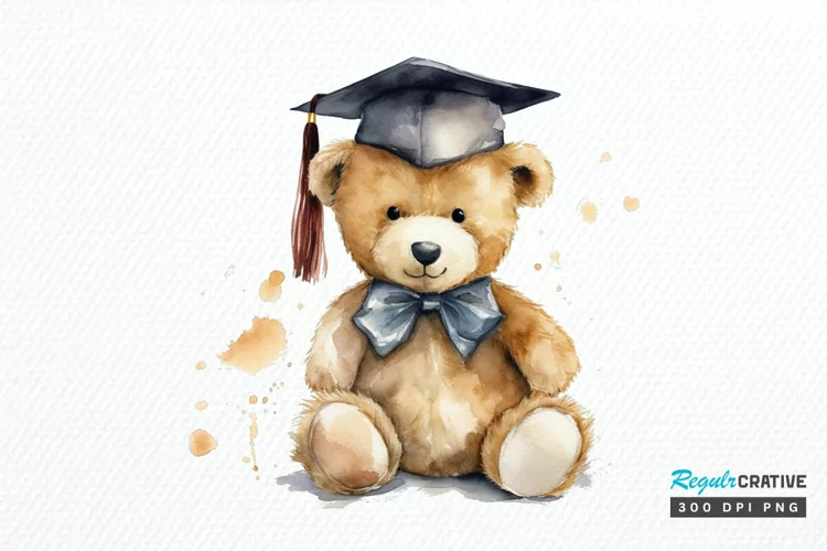 Watercolor Graduate Teddy Bear PNG Clipart