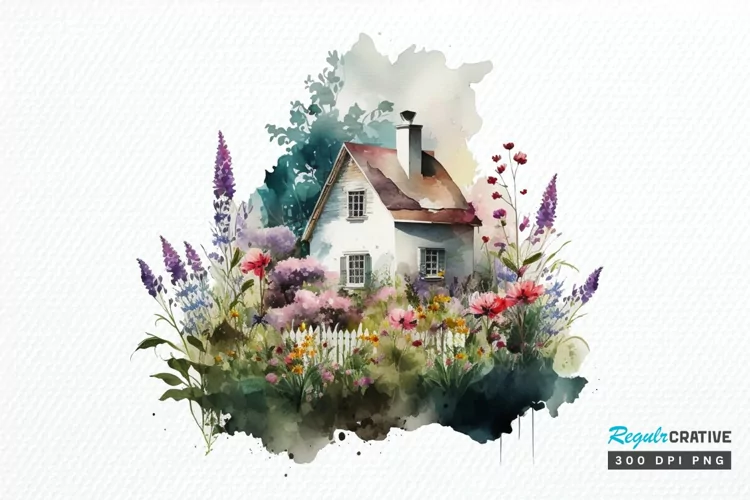 Watercolor House in Flower Garden PNG Clipart