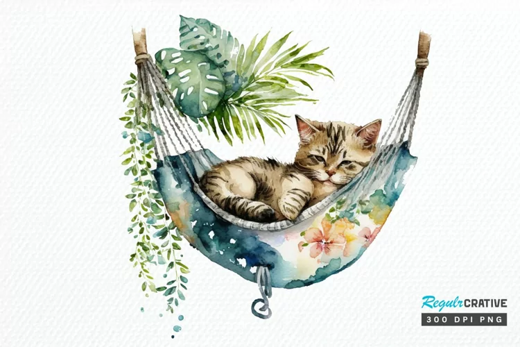 Watercolor Cute Cat in a Hammock PNG Clipart