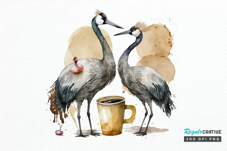Watercolor Cute Cranes with a Cup PNG Clipart