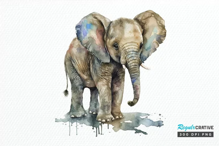 Watercolor Baby Elephant PNG Clipart