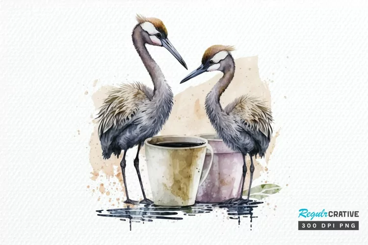 Watercolor Cute Cranes with a Cup PNG Clipart