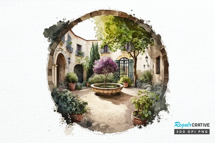 Watercolor Courtyard PNG Clipart