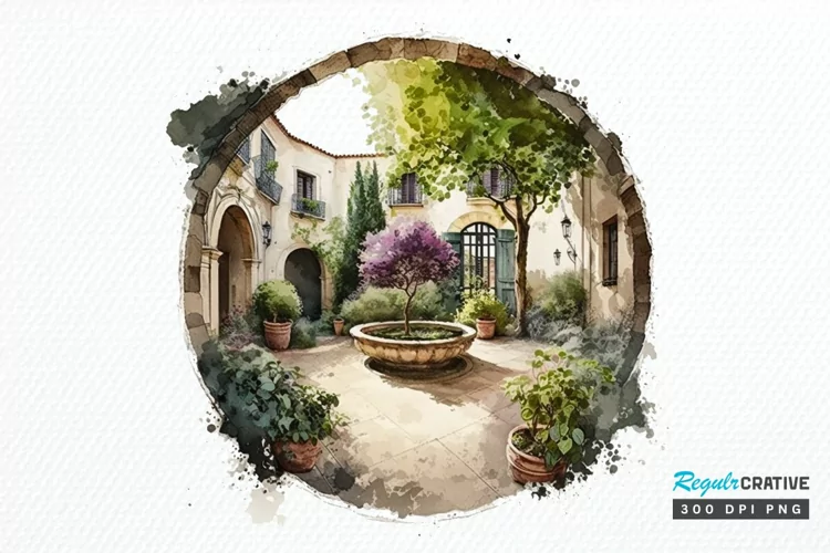 Watercolor Courtyard PNG Clipart