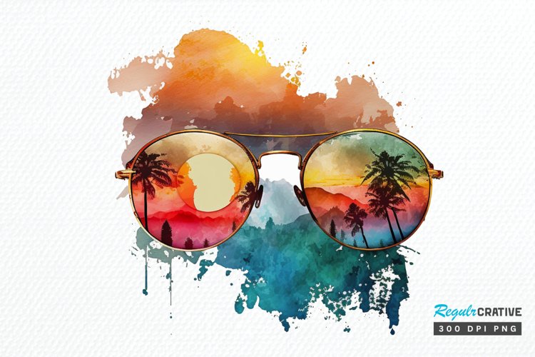 Watercolor Vintage Sunglasses Sunset PNG Clipart