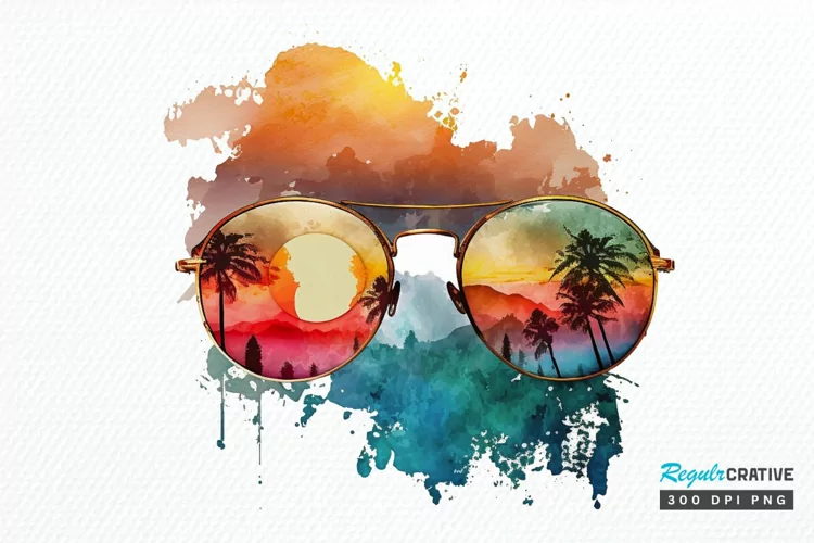 Watercolor Vintage Sunglasses Sunset PNG Clipart