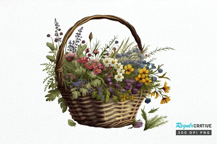 Basket of Wildflowers PNG Clipart