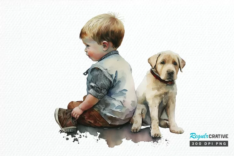 Watercolor Cute Baby Boy and Dog PNG Clipart