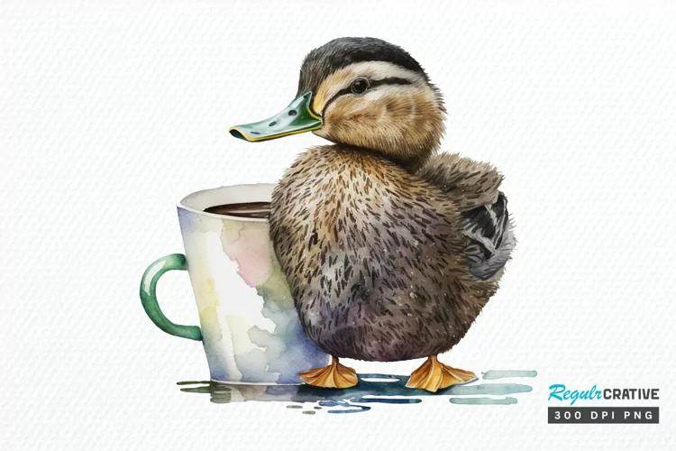 Watercolor Cute Mallard with a Cup PNG Clipart