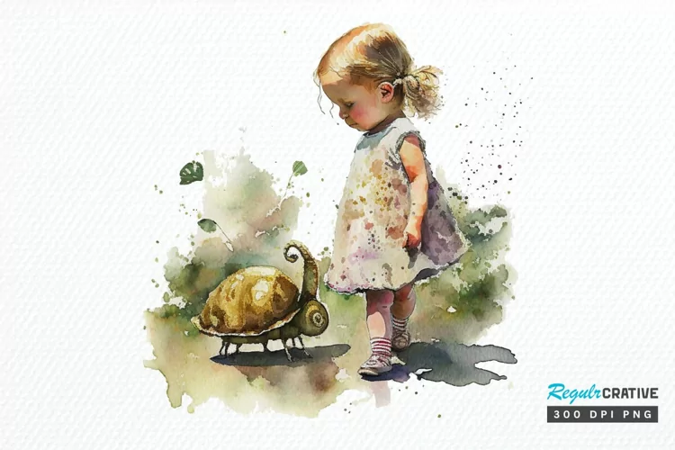 Watercolor Little Girl and Snails PNG Clipart