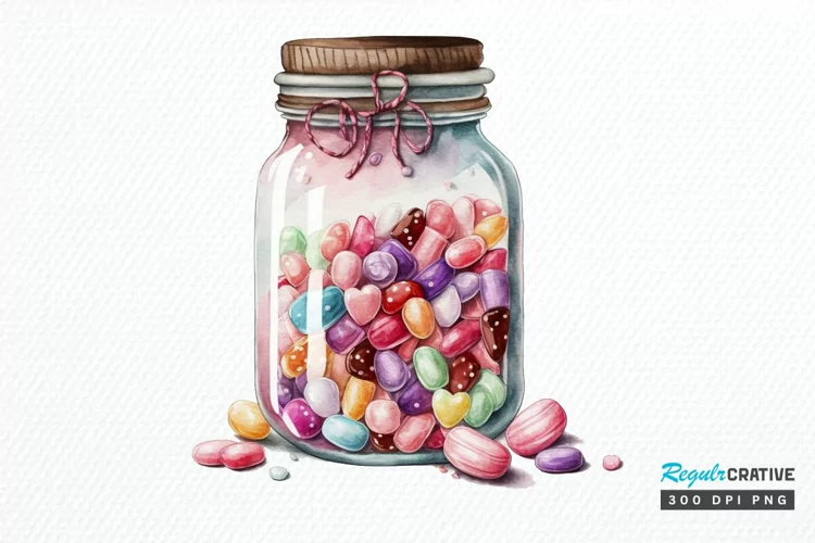 Watercolor Candy in Jar Valentine Day PNG Clipart