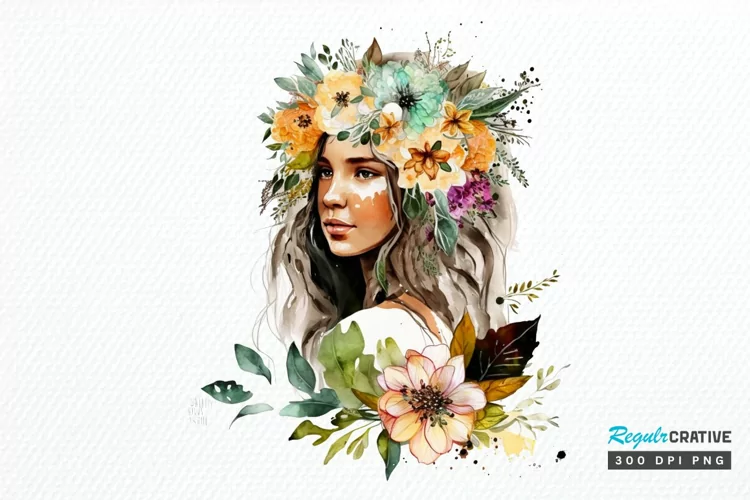 Watercolor Floral Boho Girl PNG Clipart