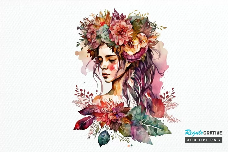 Watercolor Floral Boho Girl PNG Clipart