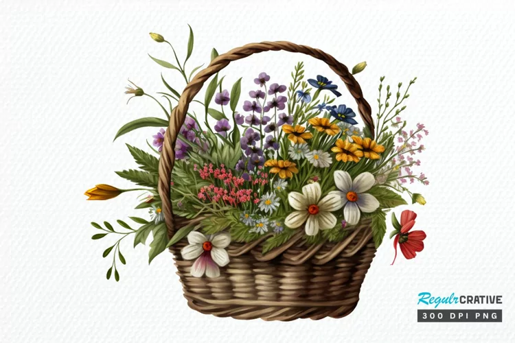 Basket of Wildflowers PNG Clipart