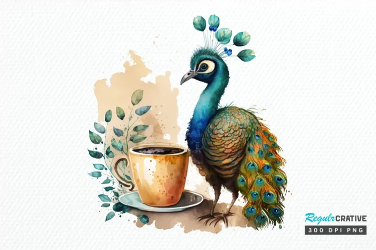 Watercolor Cute Indian Peafowl with a Cup PNG Clipart
