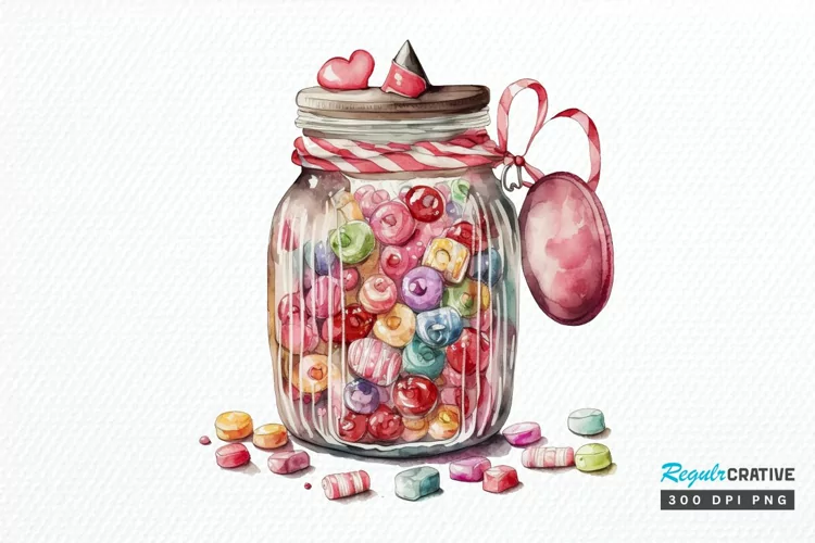 Watercolor Candy in Jar Valentine Day PNG Clipart