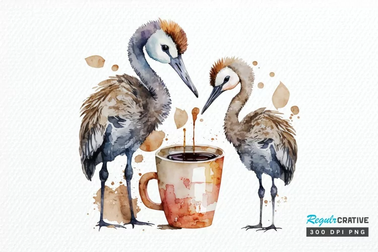 Watercolor Cute Cranes with a Cup PNG Clipart