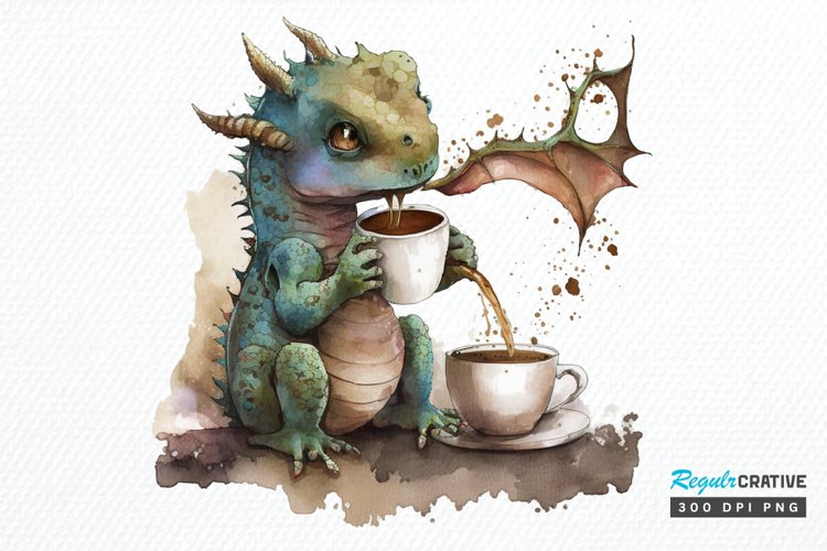 Watercolor Cute Dragon Drinking Coffee PNG Clipart example image 1