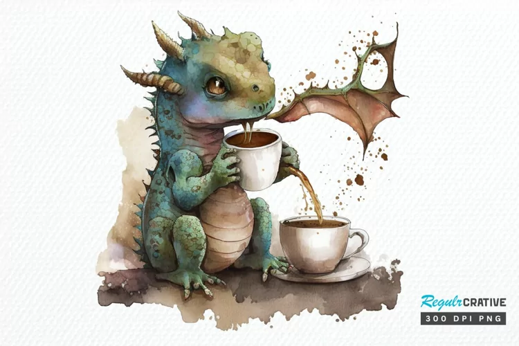 Watercolor Cute Dragon Drinking Coffee PNG Clipart