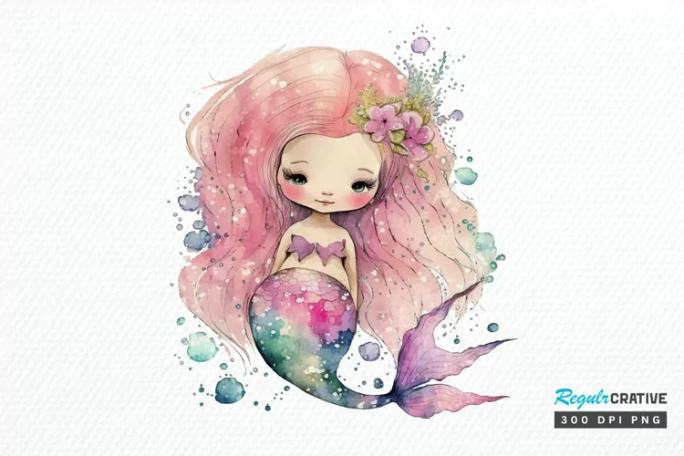 Watercolor Cute Pink Mermaid PNG Clipart