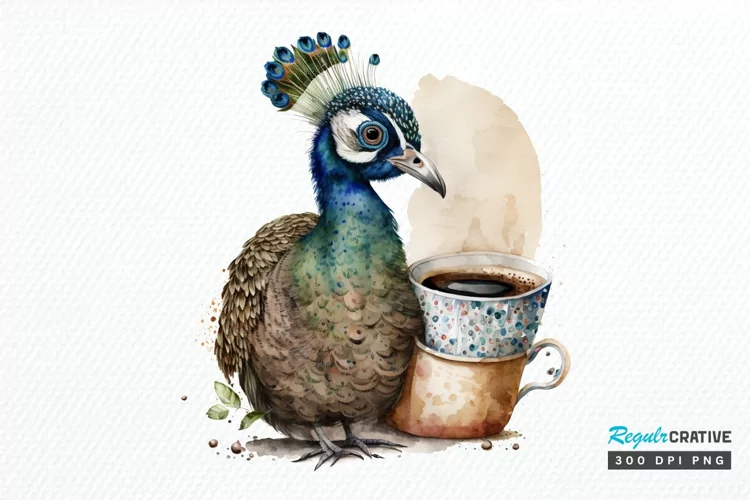Watercolor Cute Indian Peafowl with a Cup PNG Clipart