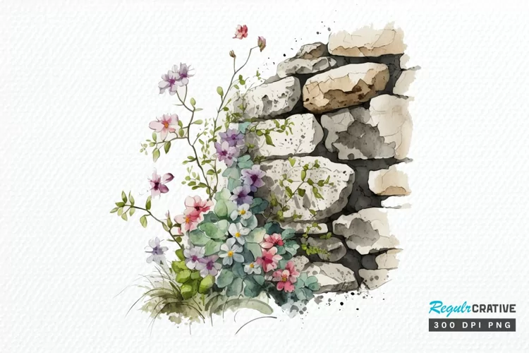 Watercolor Floral Stone Wall PNG Clipart
