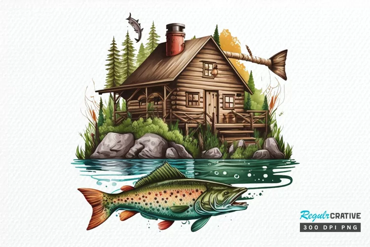 Watercolor Fishing Lodge PNG Clipart