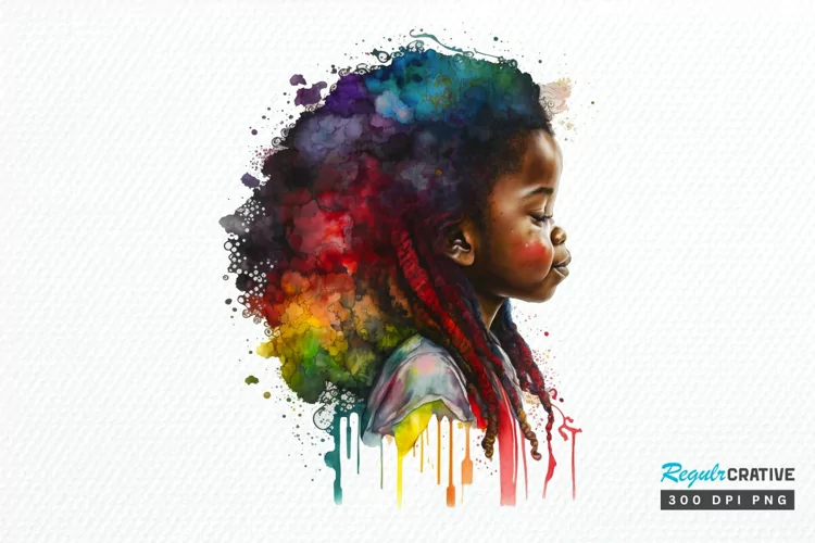 Watercolor African Black Cute Girl Rainbow PNG Clipart