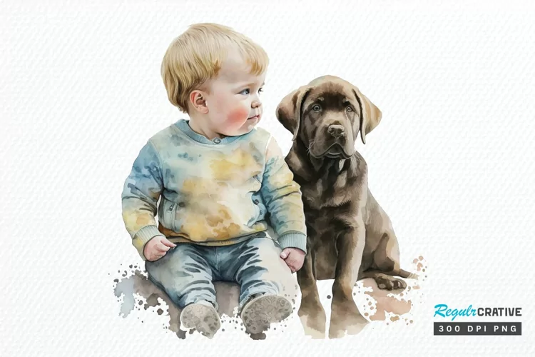 Watercolor Cute Baby Boy and Dog PNG Clipart