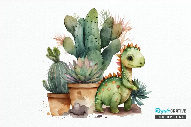 Watercolor Cute Dinosaur and Cactus PNG Clipart